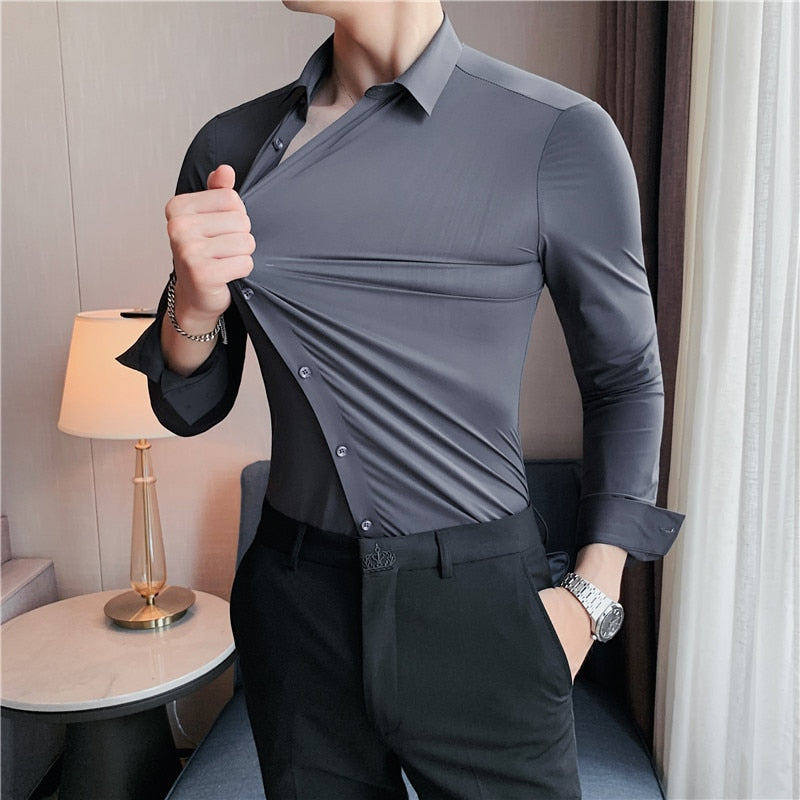 Plus Size 4XL-M High Elasticity Seamless Shirts Men Long Sleeve Slim Casual Luxury Shirt Social Formal Dress Shirts